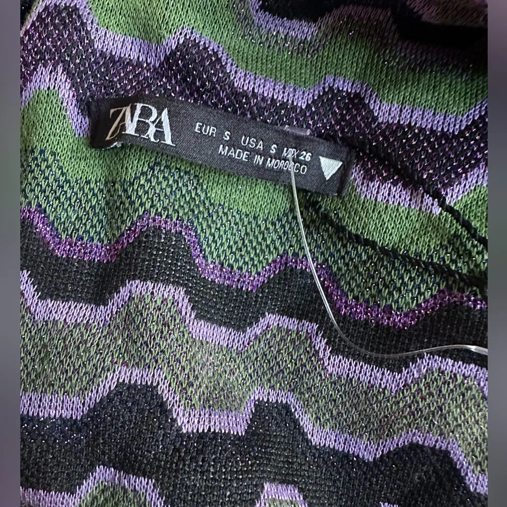 Zara NWOT Green and purple metallic geo stripe mini dress, boho 70s, size small - Image 9