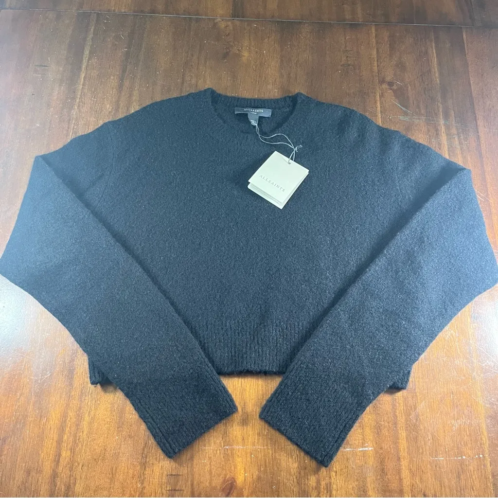 AllSaints Women’s Black Cropped Wool Blend Knit Crewneck Sweater Size L NEW - Image 2