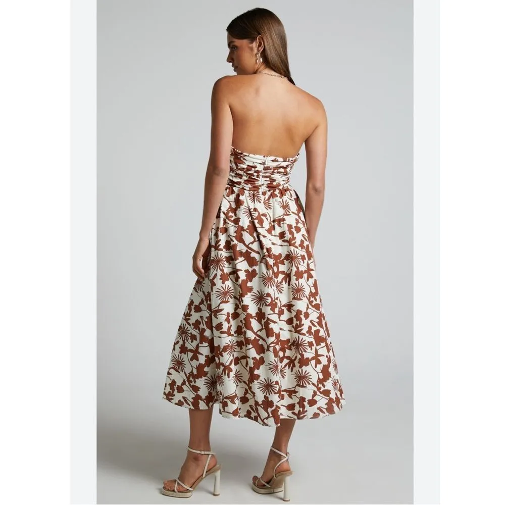 Showpo Evita Floral Midi Dress Ruched High Split Strapless NEW S - Image 2