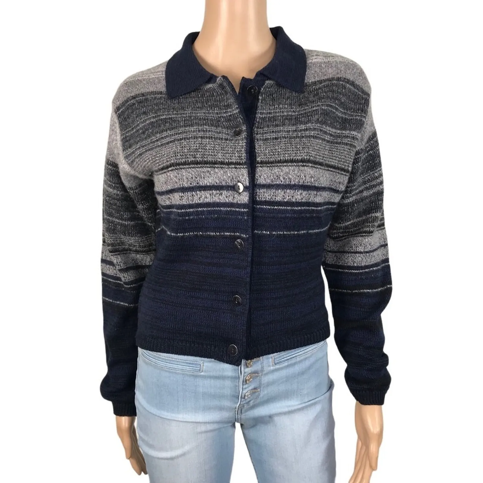 DIAPOSITIVE PARIS Lana Wool Cardigan Women S Retro 20's Boho Y2K Made In Italy Blue - Image 2