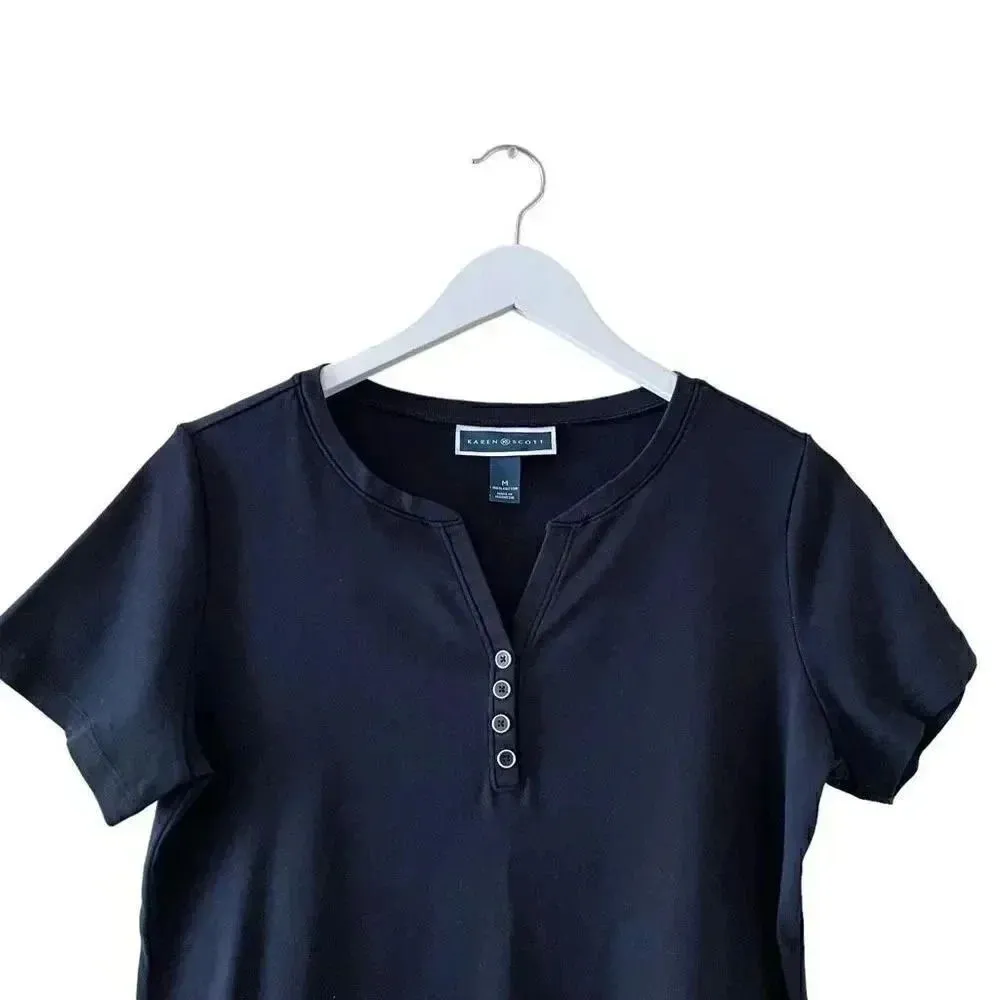 Karen Scott V-Neck Black Three Button Down Soft Basic Solid M # 1605 - Image 2