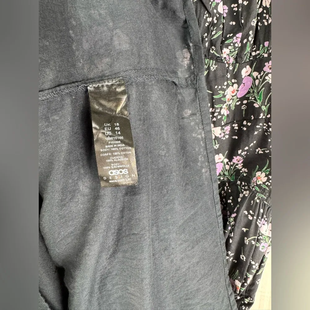 ASOS Cotton Tiered Black Ditsy Floral Maxi Dress Ruched Sleeves Button Back 14 - Image 7