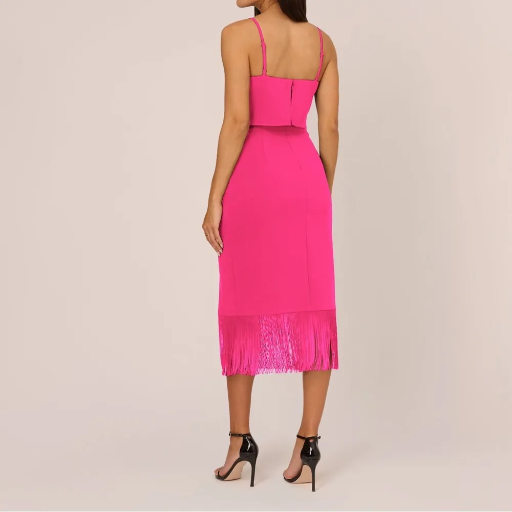 Adrian by Adrianna Papell Crepe Popover Midi Dress Fringe Trim Lipstick Sz 4 - Image 4