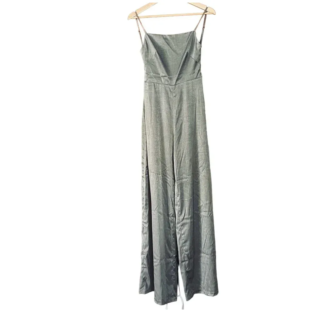 Serve It Jumpsuit Satin Sleeveless Wide Leg Khaki Size Small NEW - Image 3