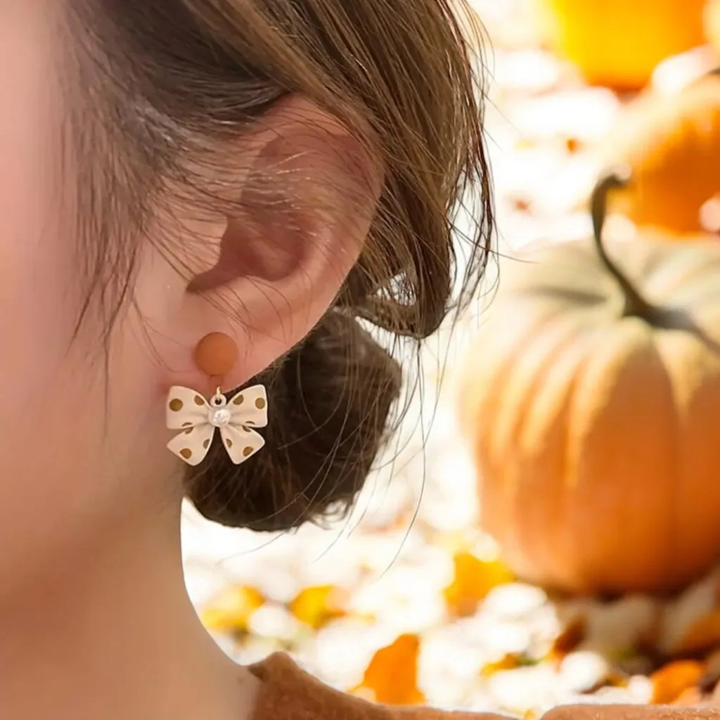 Vintage‎ Style Chic Polka Dot Bow Stud Earrings Tan - Image 2