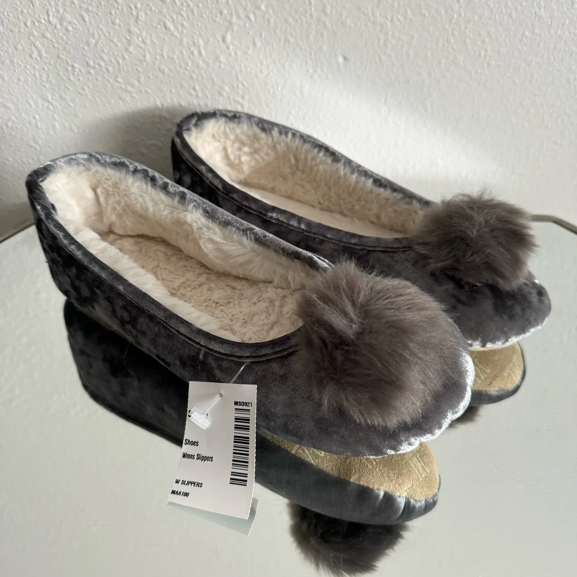 INC Grey Crushed Velvet Pom Pom Tinkerbell Lounge Cozy House Slippers NEW - Image 2