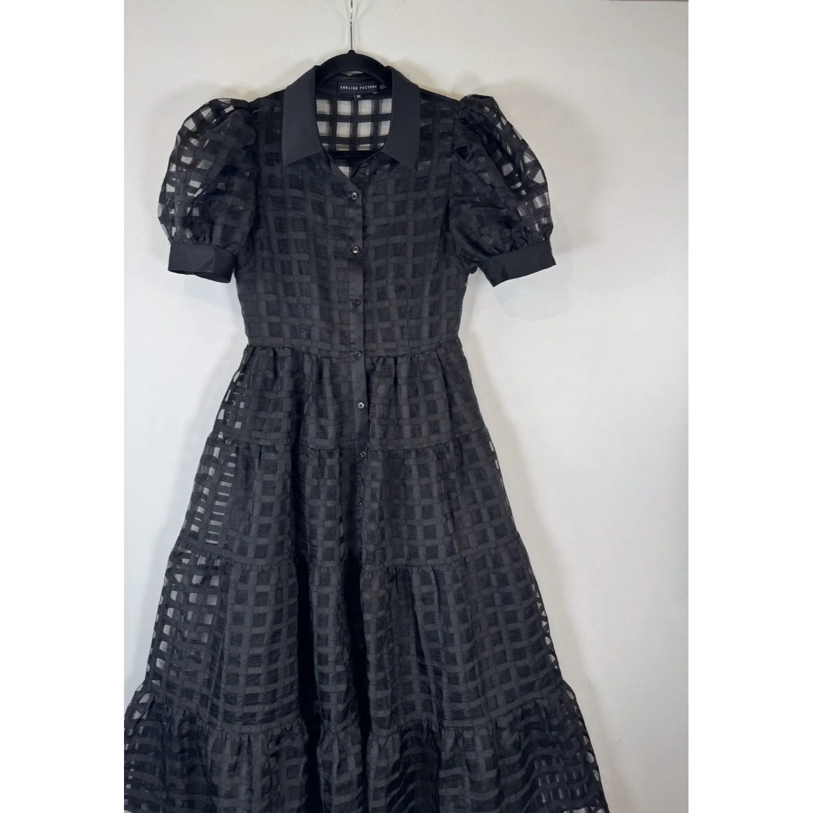 English Factory Dress Black Gridded Organza Tiered Maxi Puff Sleeve Fit Flare XS - Image 4