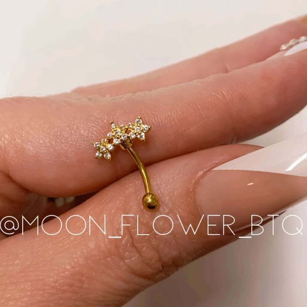 18k Gold Plated Surgical Steel Triple Flower CZ Rook Barbell Earring 16g - Image 5