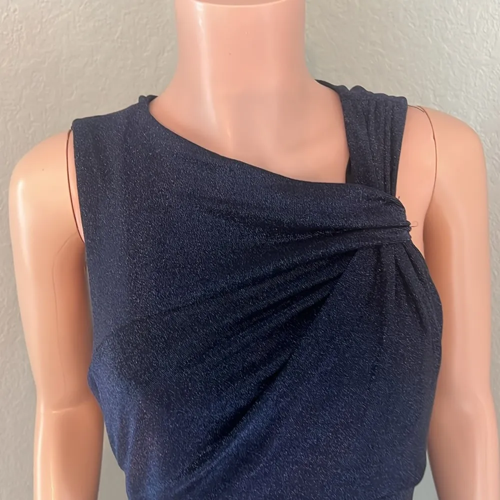 Adrianna Papell Crushed blue METALLIC JERSEY SHEATH Side Ruched DRESS Sz 12 #185 - Image 6