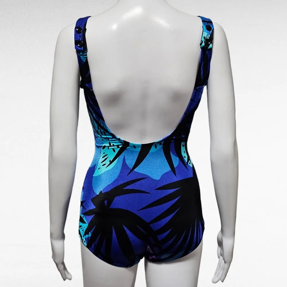 Vintage Maxine Of Hollywood 80s Blue  Tropical One Piece Swimsuit Size 12 - Image 4