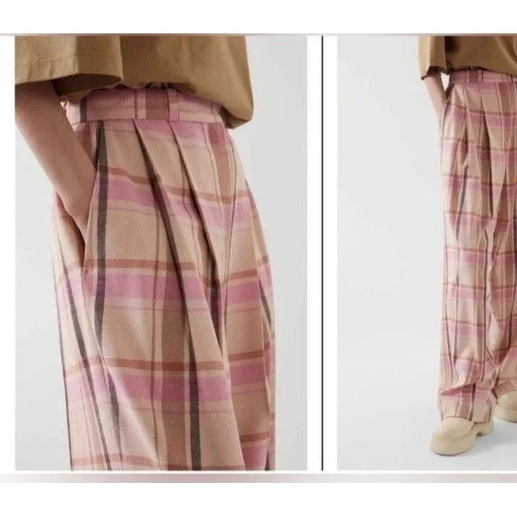 COS Pleated Wide-Leg Checked Trousers in a pink plaid Wool Blend Preppy - Image 13