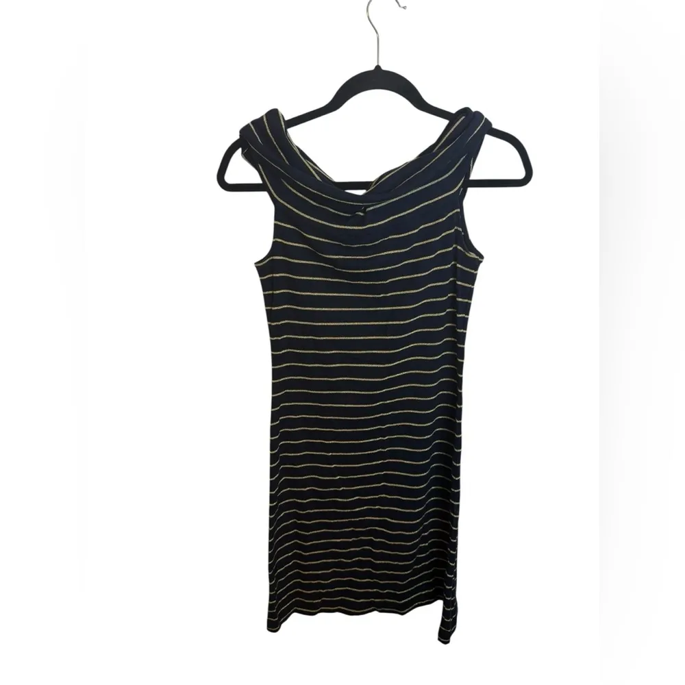 Lauren Ralph Lauren Navy Blue and Gold Metallic Striped Off Shoulder Tank Dress - Image 2