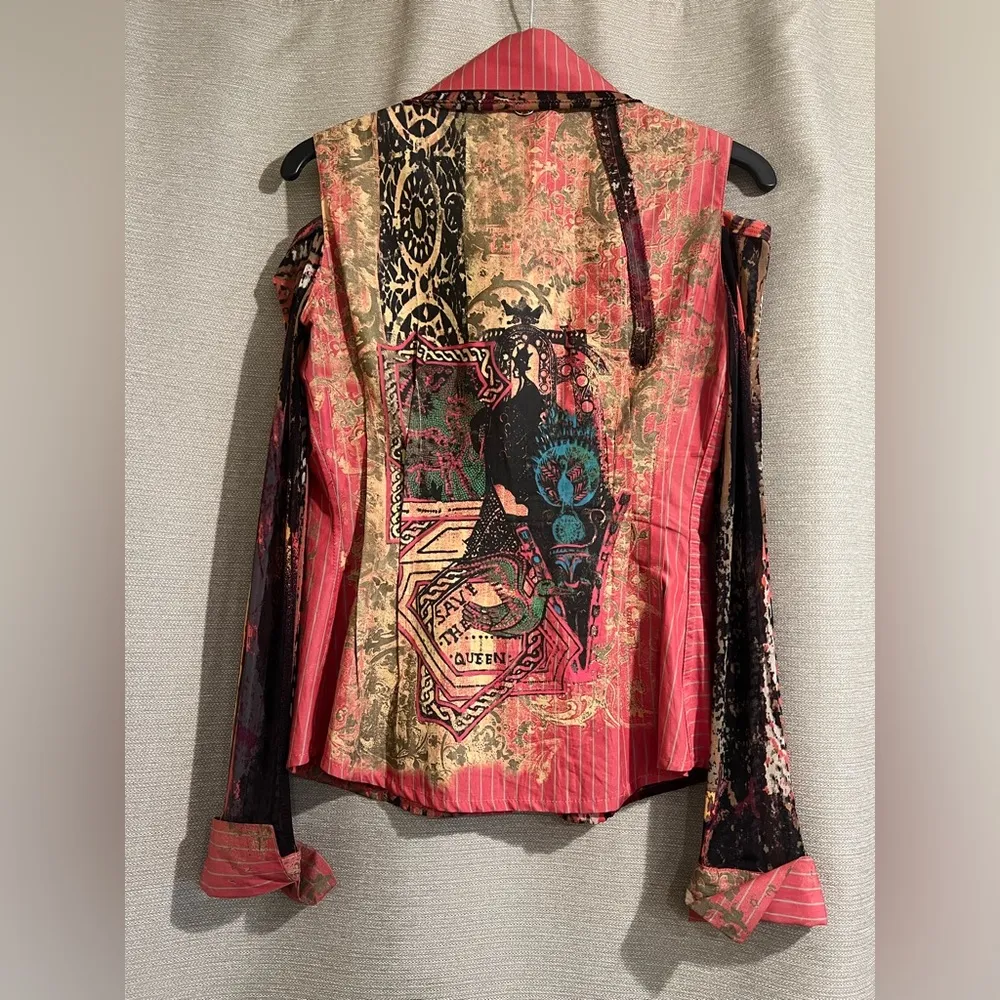 Save The Queen Coated Button Down Artsy Print Long Sleeve Mesh Blouse Pink - Image 2