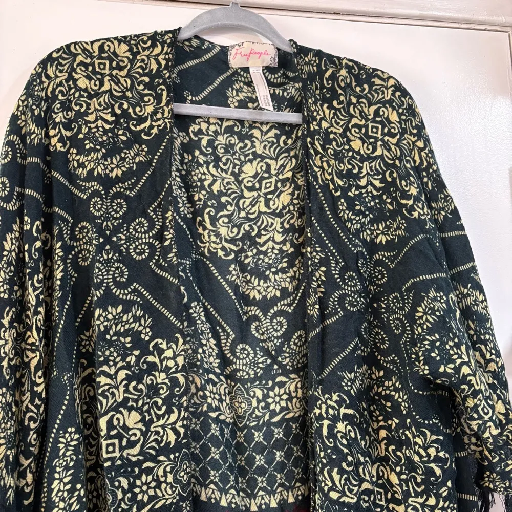 Free People Kimono Wrap Cardigan Sweater Fringe Printed Green Short Sleeve - Image 5