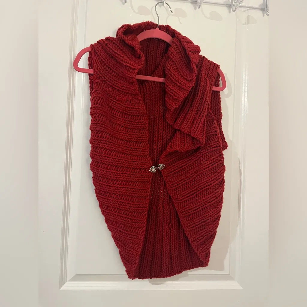 Chunky Knit Red Shawl Collar Cardigan Handmade Look Cozy Sleeveless Sweater Vest - Image 8