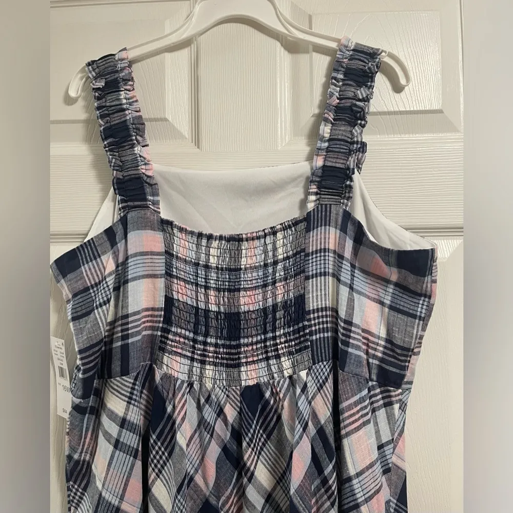 52seven Maxi Dress Women’ Plaid Sleeveless Square Neck Smocked Linen Ruffle 16W Blue - Image 4