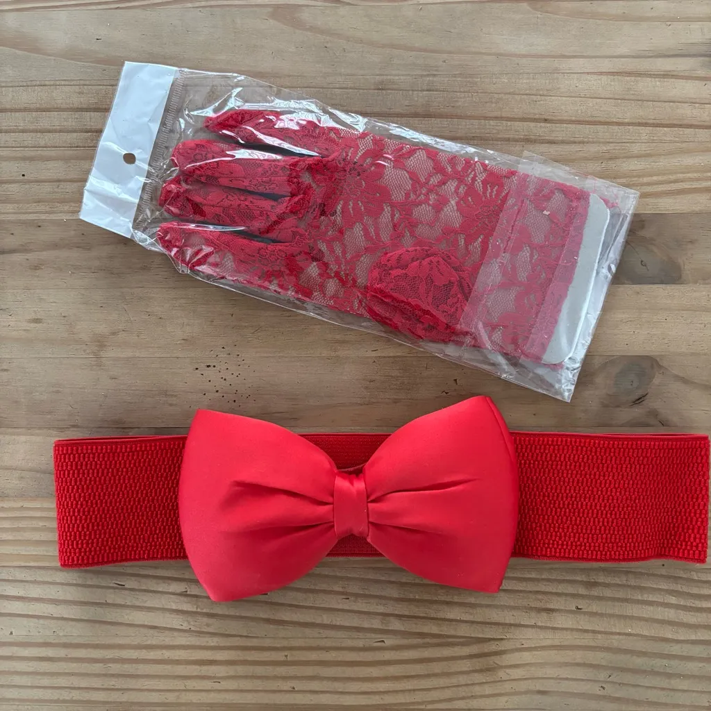 Elegant Red Lace Gloves with Bow Belt - Image 2