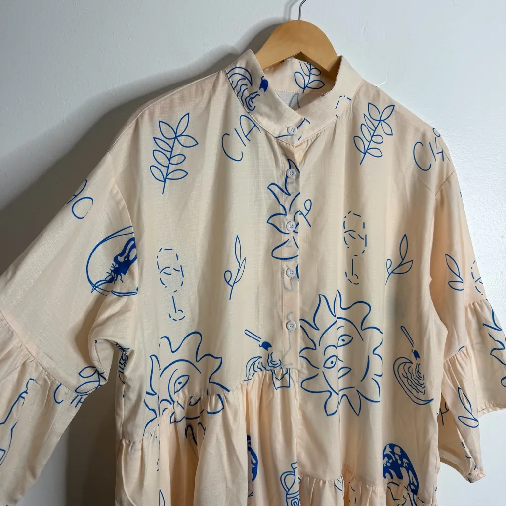 NWOT Commense Ciao Wine Cream Blue Graphic Babydoll Ruffle Dress XL Oversized - Image 6