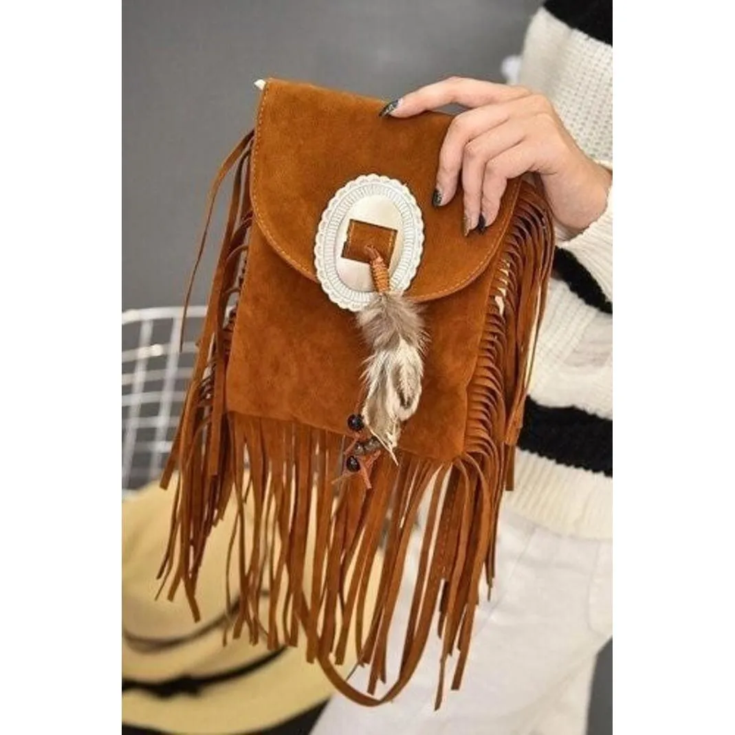 Boho Fringe Crossbody Bag Brown Suede Western Tassel Shoulder Purse NWT - Image 5