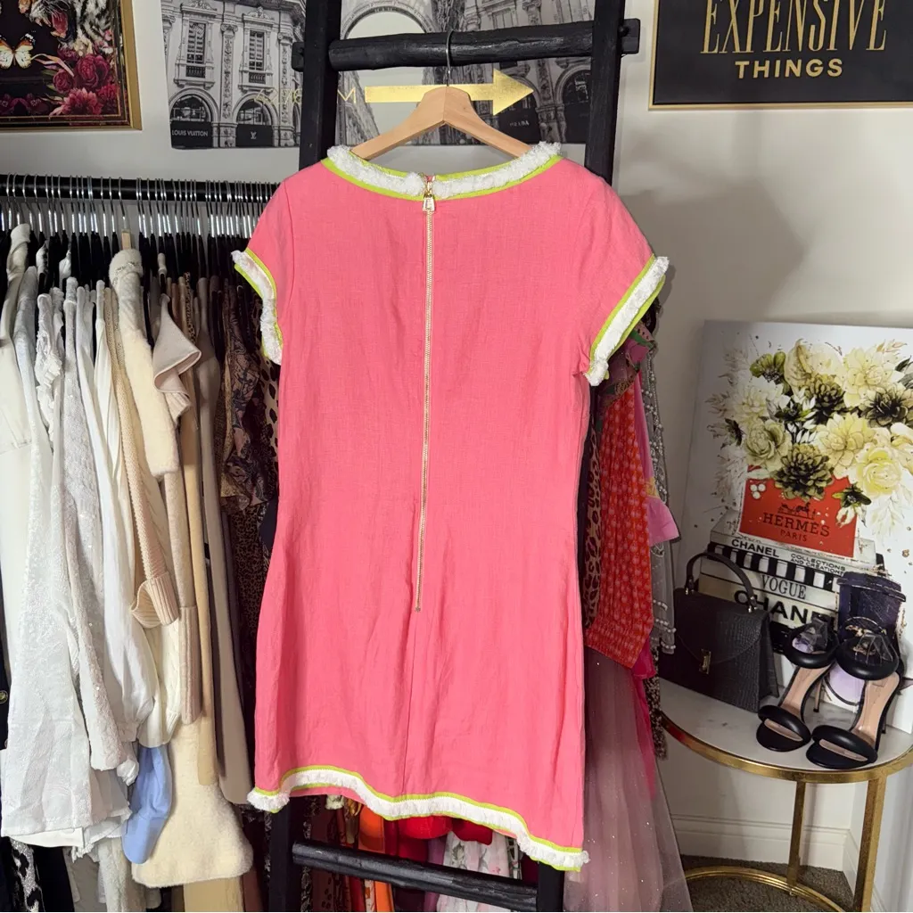 STS Sail to Sable Peachy Pink Linen Shift Dress Bouclé Trim And Gold Back Zip - Image 8