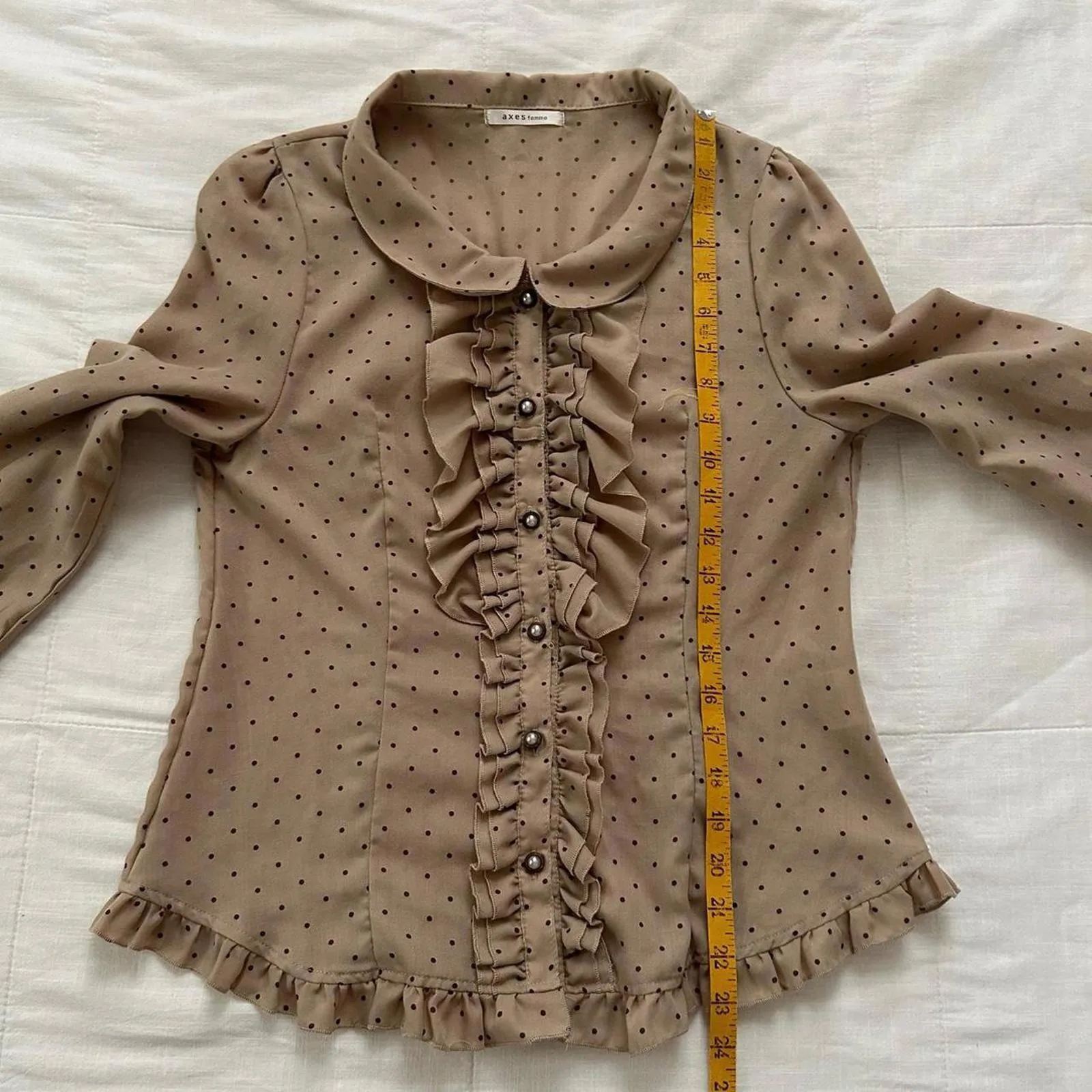 Axes Femme tan brown polka dot blouse ruffles button up front preppy kawaii Size M - Image 6
