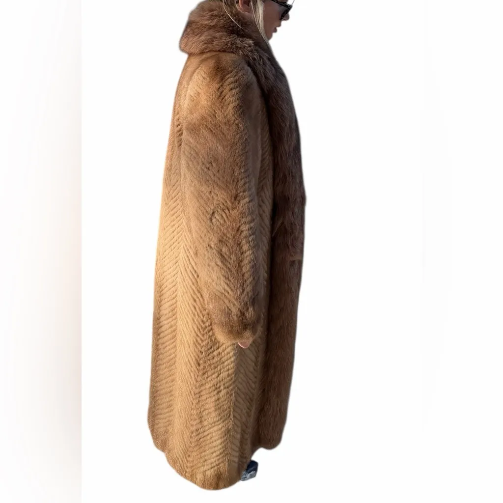 RARE Authentic SAGA Mink Fur Long Coat Camel Brown Herringbone SAGA Fox Trim M Size M - Image 3