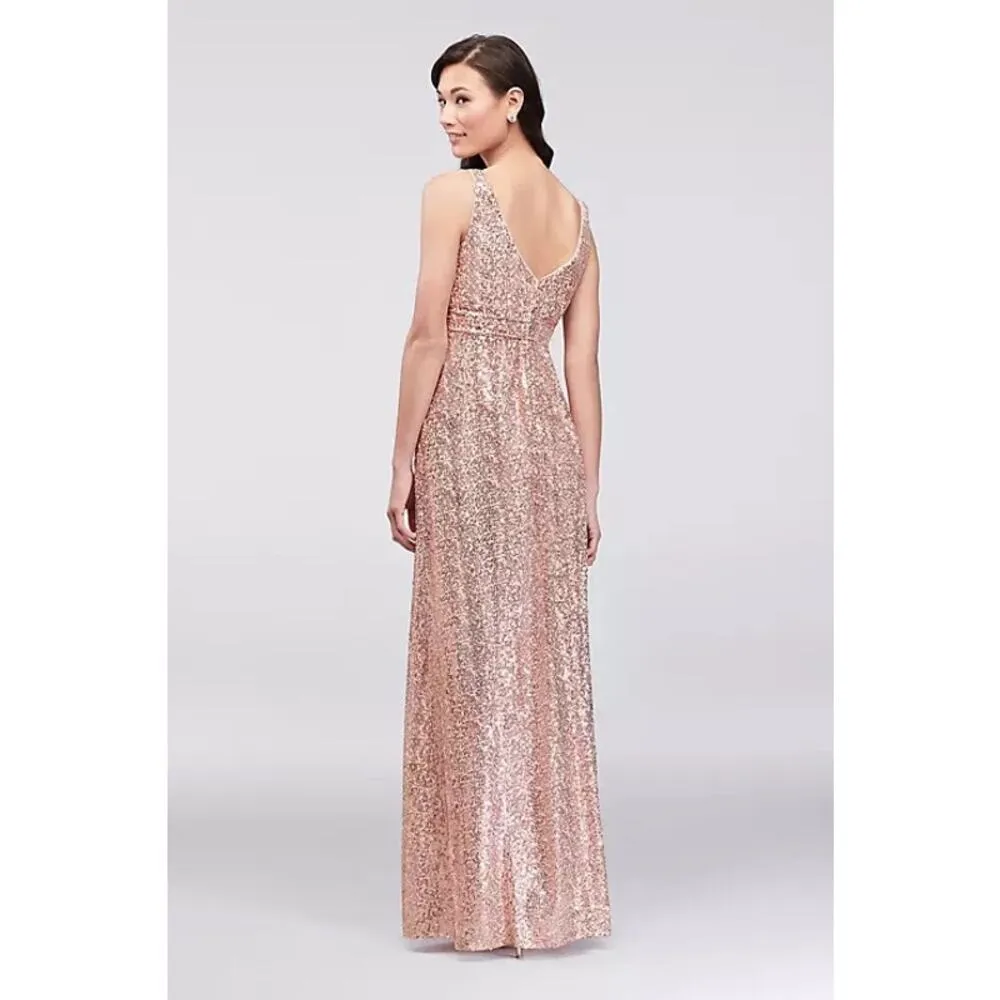 David's Bridal sequin v-neck bridesmaid dress with satin piping gold size 8 - Image 2