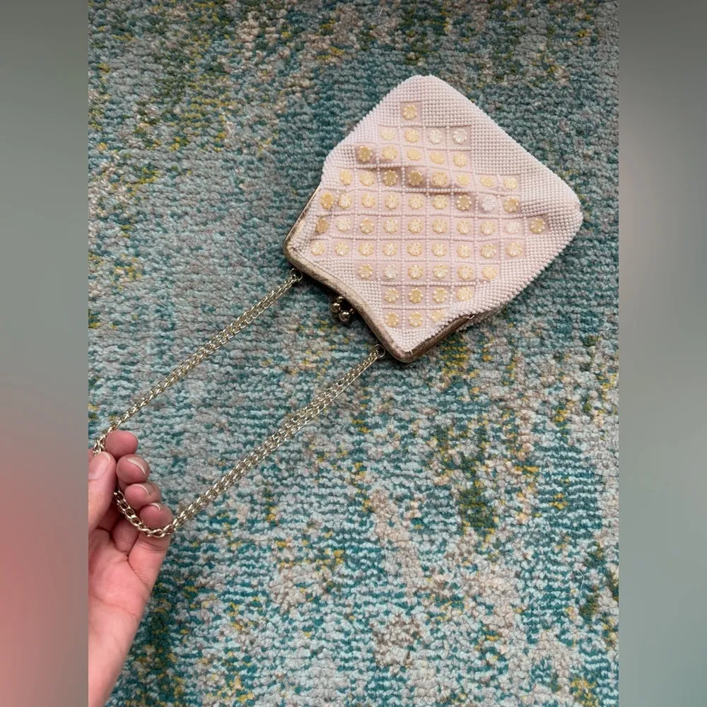 Vintage beaded clam clasp bridal wedding shoulder purse White - Image 6