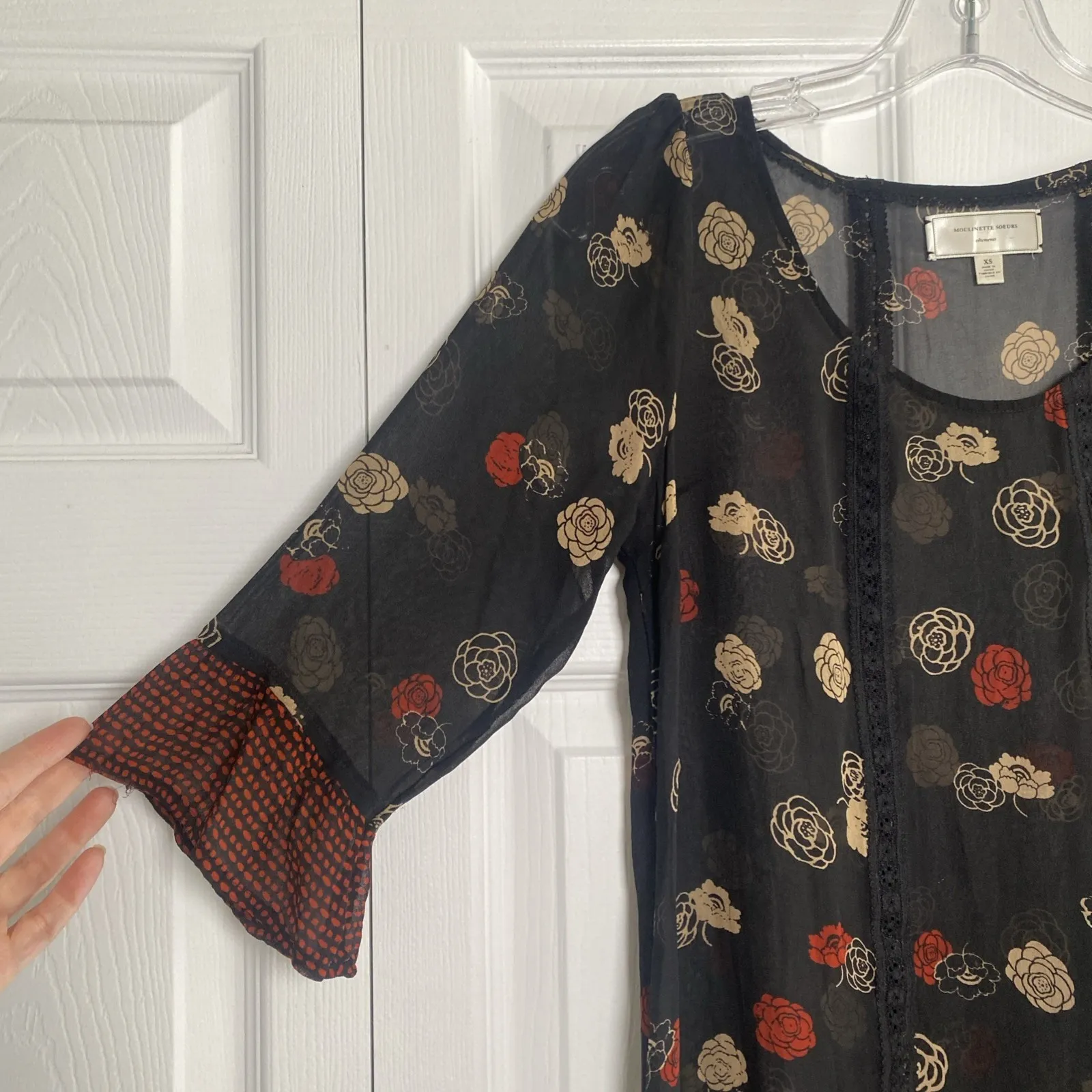 Moulinette Soeurs Womens XS Anthropologie Black Sheer Floral Top - Image 4