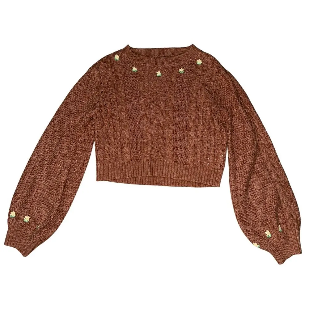 WILD FABLE Cable Knit Crew Neck Embroidered Cropped Pullover Sweater XS - Image 2