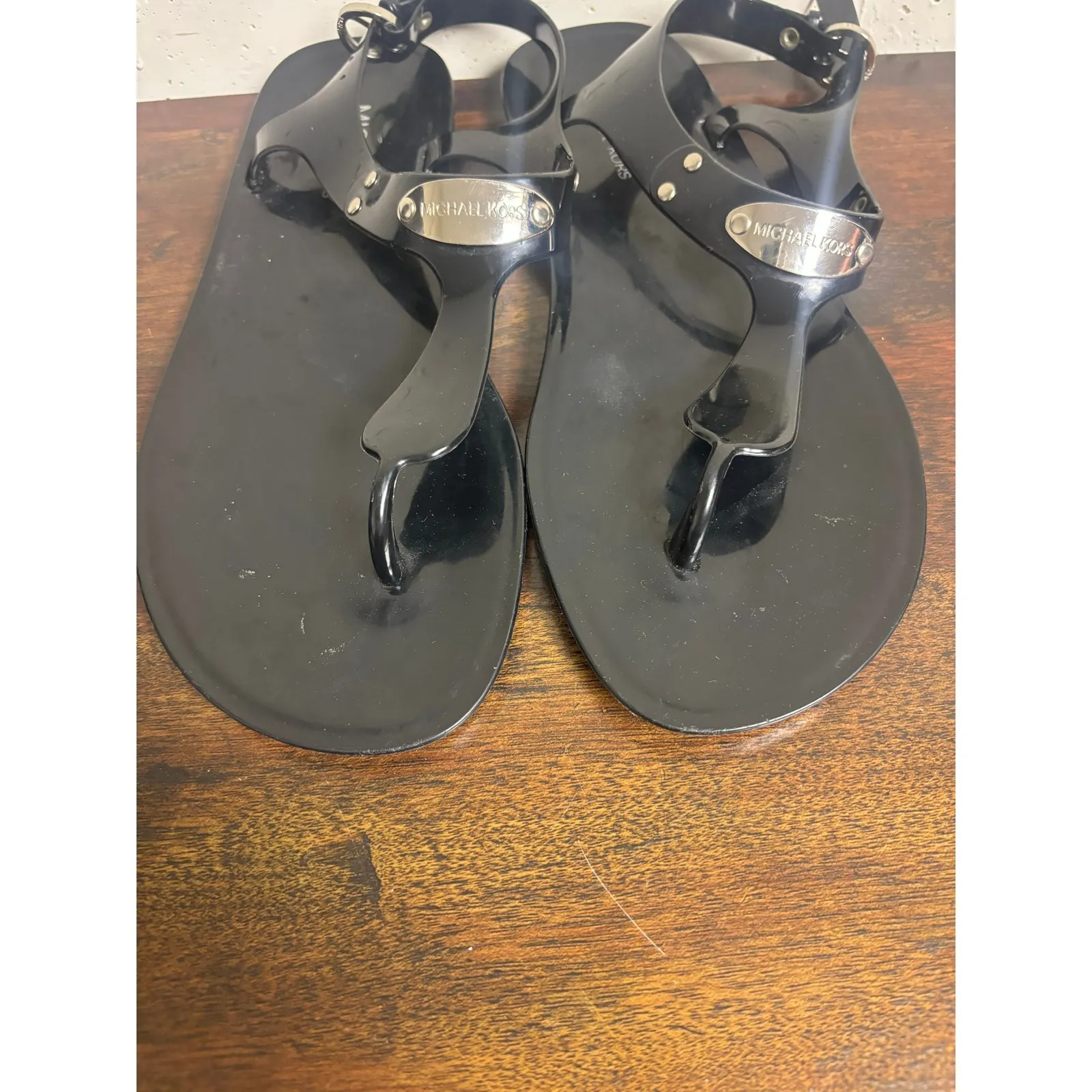Michael Kors Black  Thong Sandals with Silver Logo Detail – Approx Size 7 DIRTY - Image 2