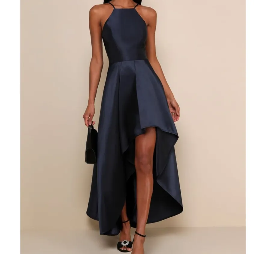 Lulus NWT Broadway Show Navy Blue High-Low Taffeta Pleated Gown Dress Medium - Image 2