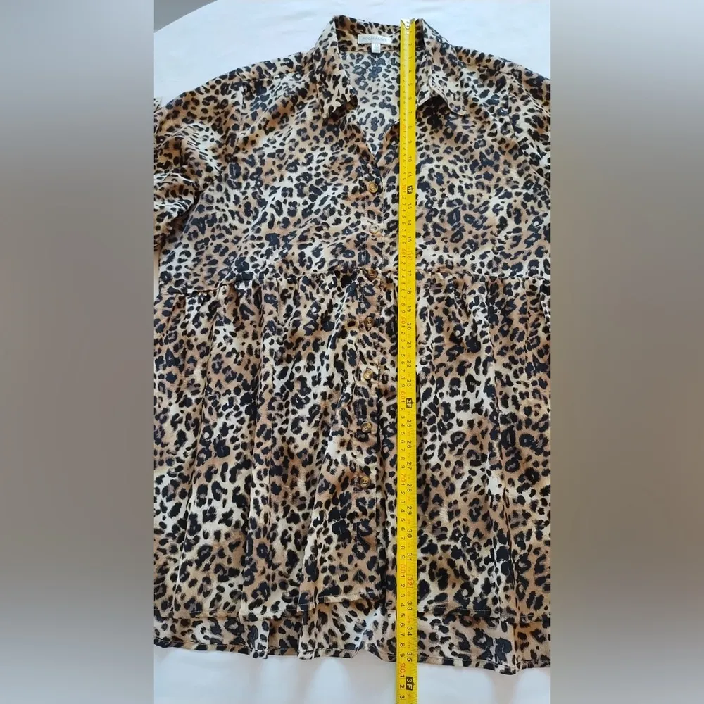 Shirt Womens 2X Plus Leopard Print Button Up Cotton Woven Long Sleeve Tan - Image 13