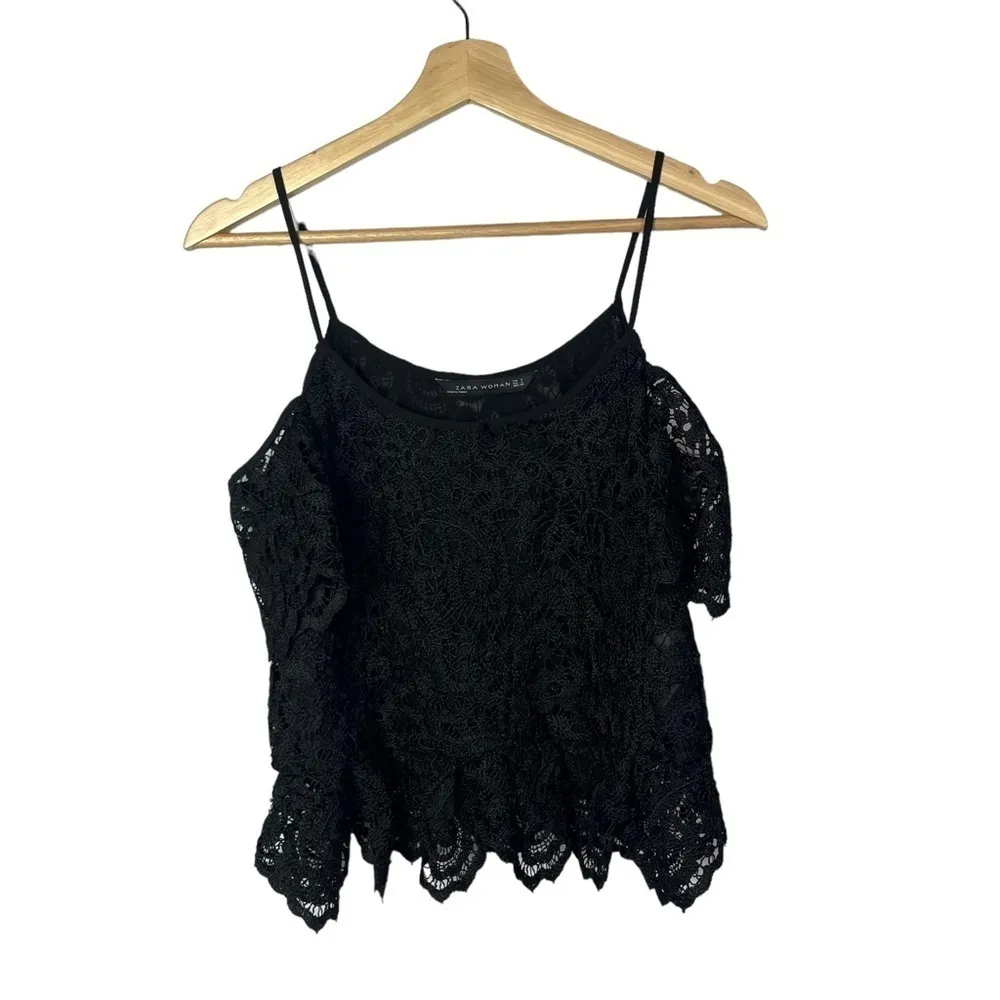 Zara Black Lace Cold Shoulder Short Sleeve Blouse S - Image 2