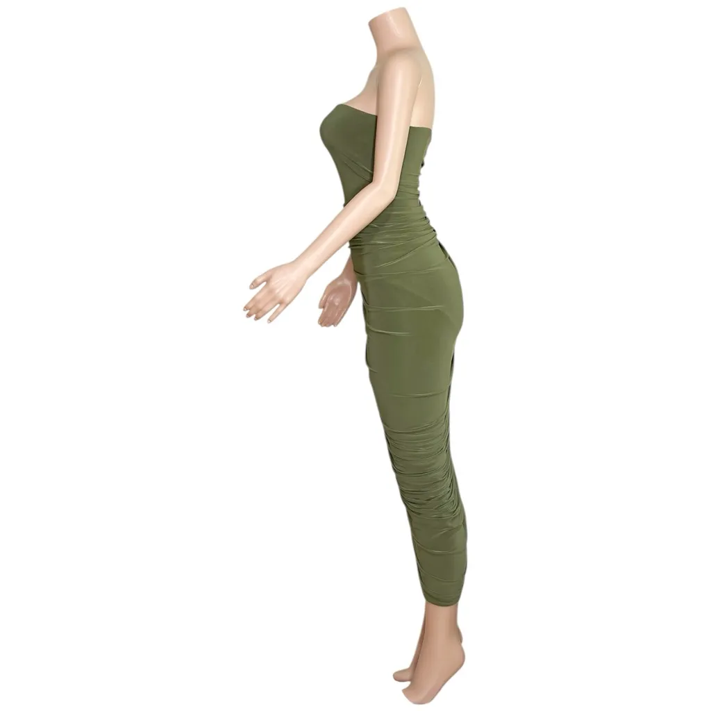 NORMA KAMALI Strapless Diana Ruched Stretch Jersey Midi Dress, Military, XS - Image 9
