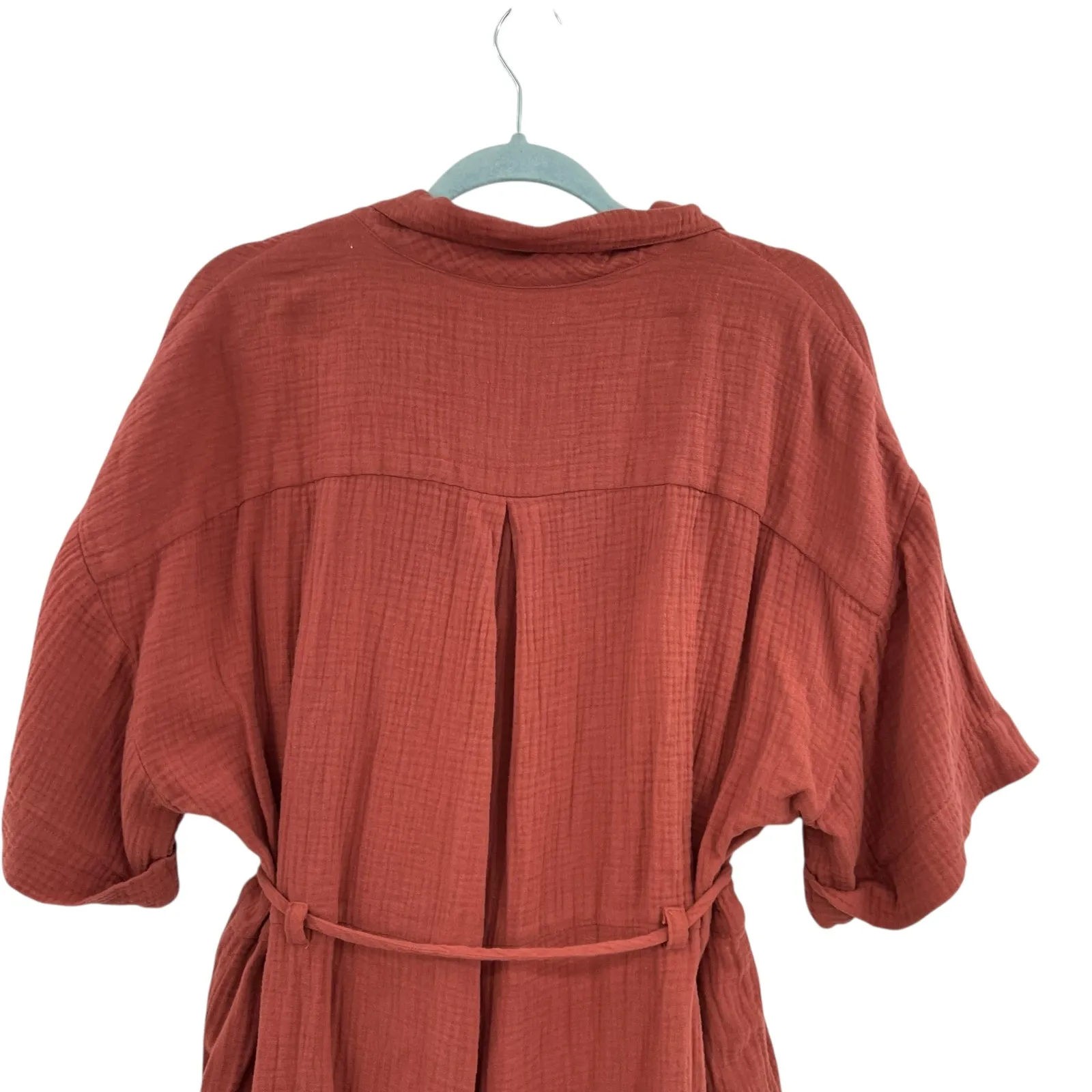 Madewell Lightspun Belted Safari‎ Romper Shorts Short Sleeve Gauze Rust Size XL - Image 9