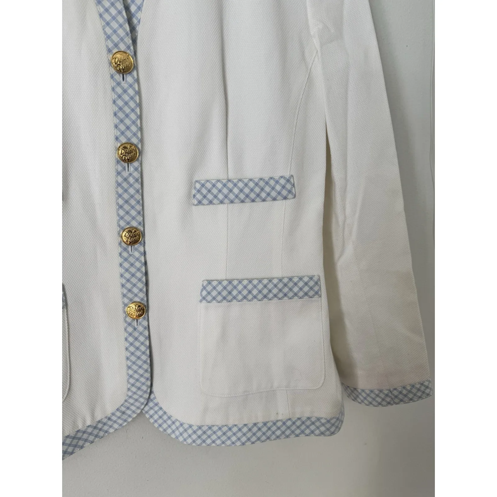Escada White Textured Cotton Gingham Trim Button Front Blazer Women’s Large / 42 - Image 4
