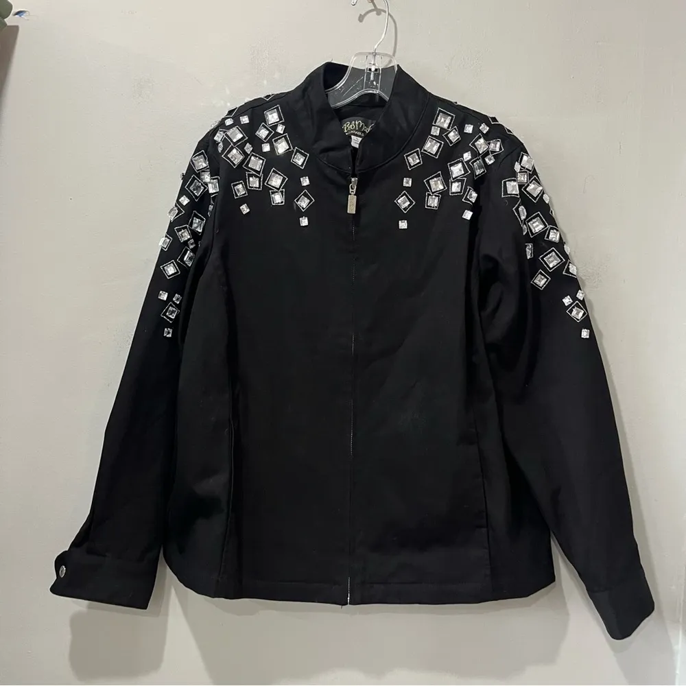 Vintage Bob Mackie Womens Jacket Size Large Black Rhinestones Zip Front Full Zip - Image 2