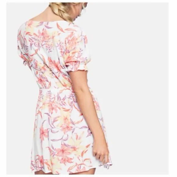 Hurley Floral Button Front Mini Dress Cream Coral Puff Sleeve Size Large - Image 2