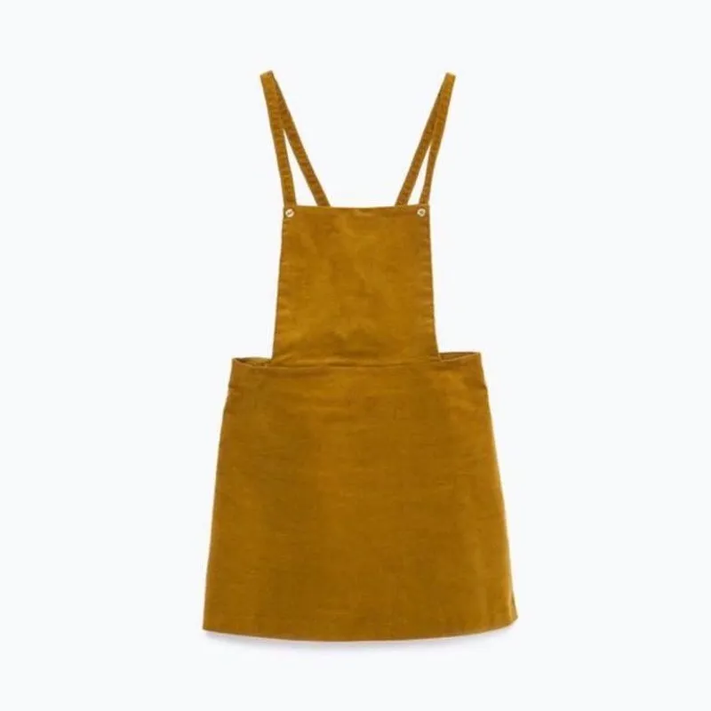 Zara Brown Corduroy Sleeveless Square Pinafore Velvet Velour Mini Overall Dress - Image 9