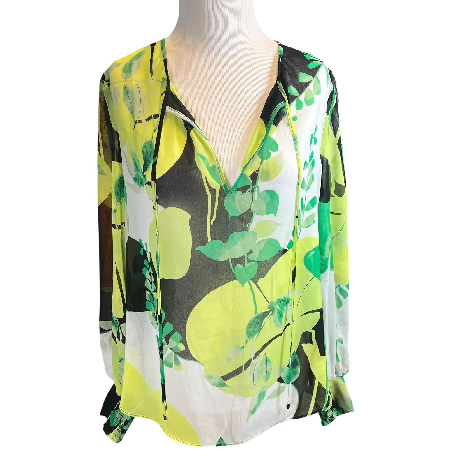 WHBM‎ Green Leaf Print Sheer Blouse Balloon Sleeves Tie Neck Medium - Image 4