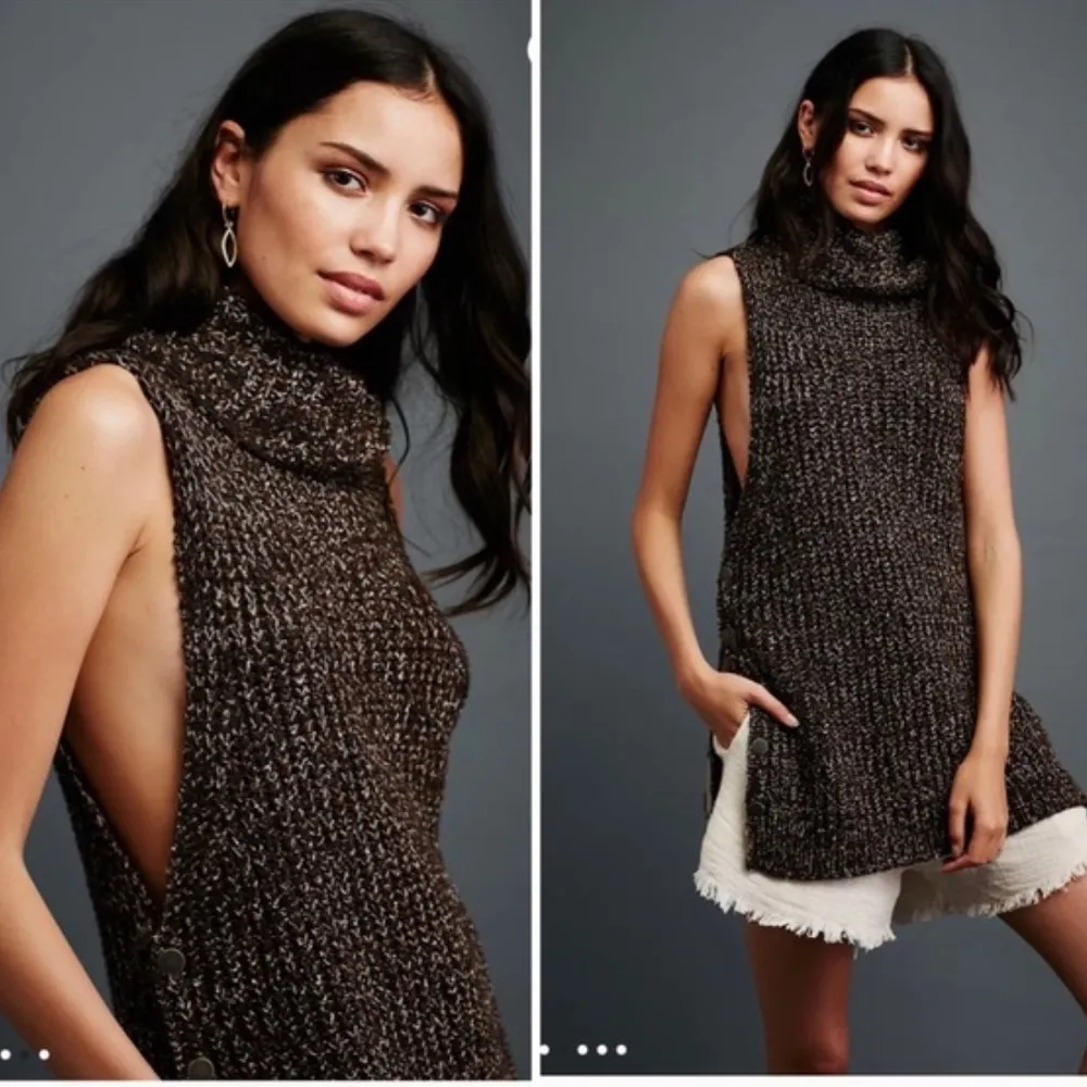 Free People Valentina Tunic Turtleneck Sweater Vest, Side Snaps, Browns - Image 3