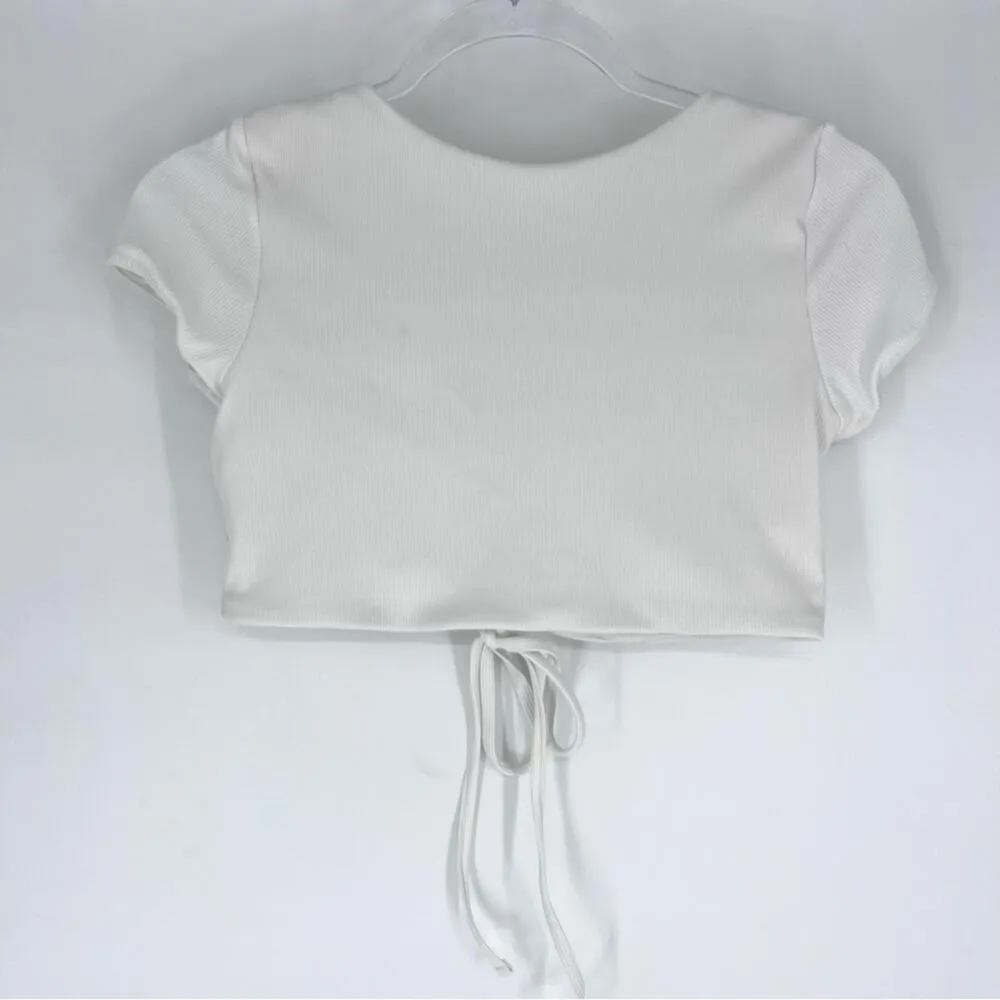 Zaful Ribbed V-Neck Short Sleeve Cropped Top White Size 8 - Image 4