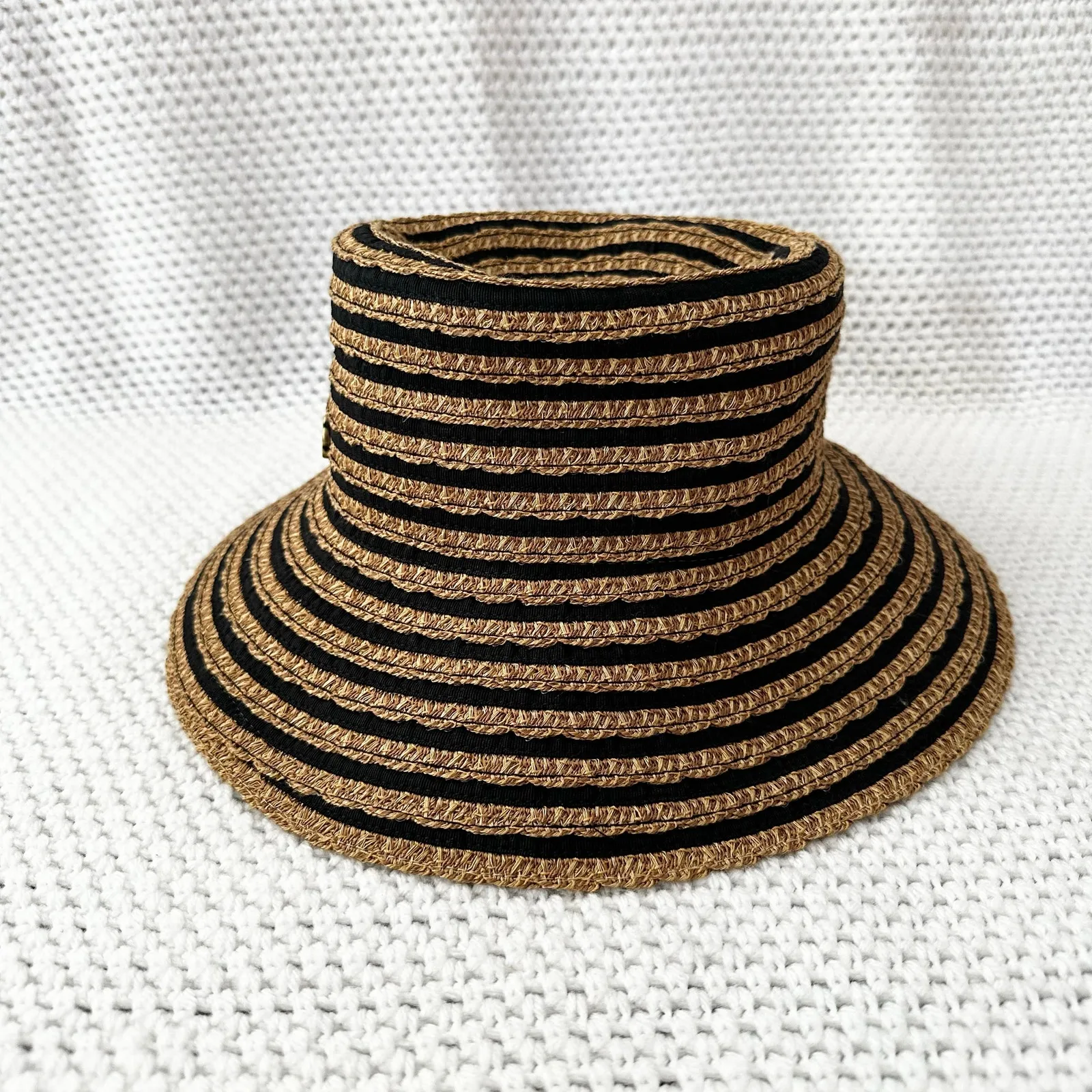 Eric Javits Beige Tan Black Stripe Squishee Packable Straw Bucket Hat UPF 50 OS - Image 7