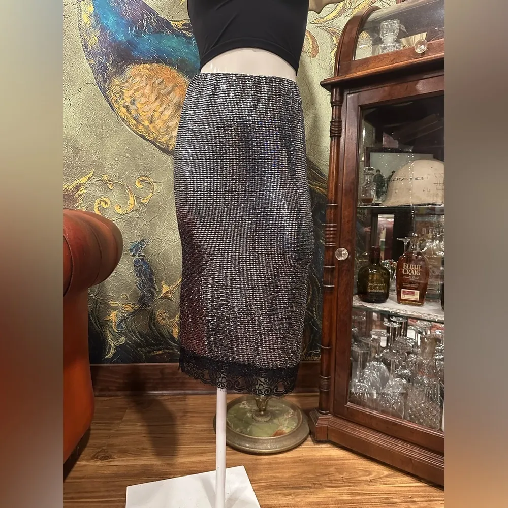 NWT ZARA STRECH PENCIL  SILVER METALLIC STULE SKIRT W BLACK LACE TREAM - Image 2