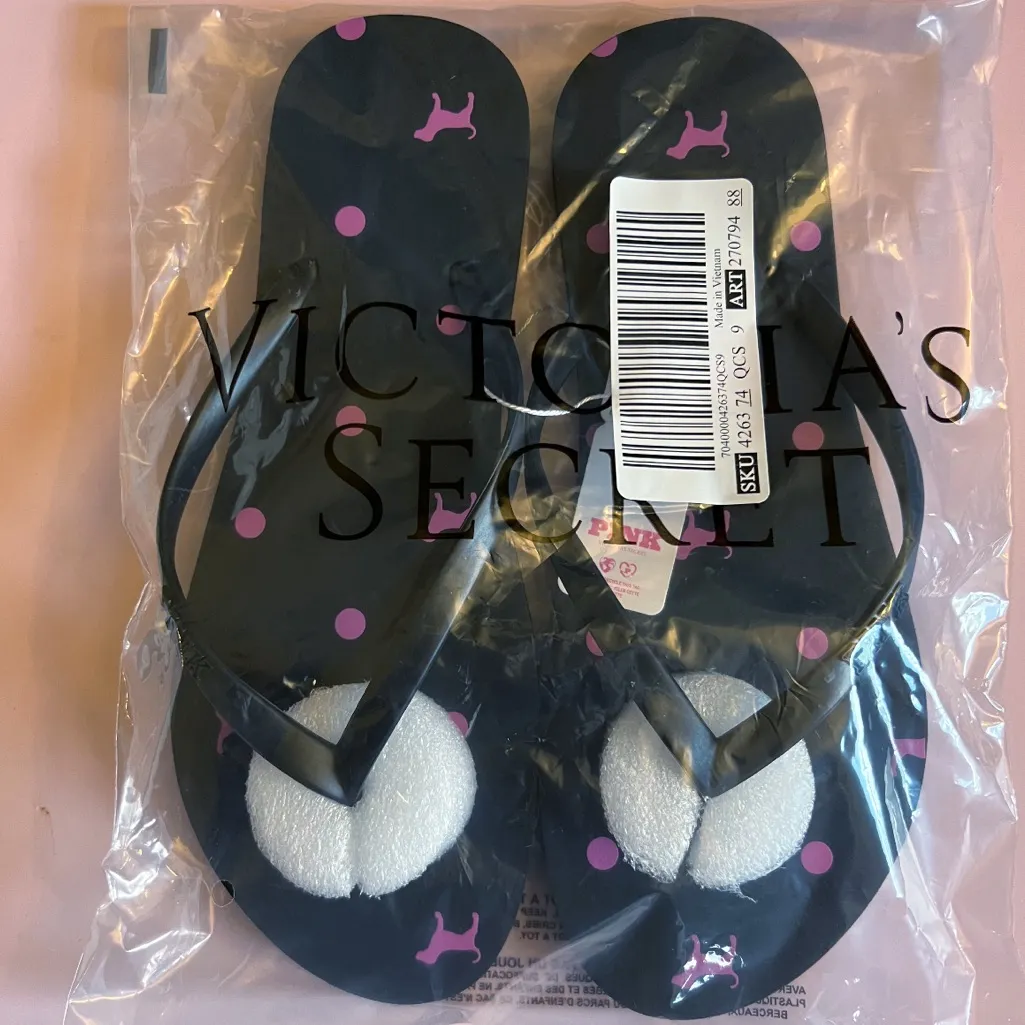 PINK Victoria’s Secret Black With Pink Dot Dog Flip Flops Beach Pool NEW Size 9 - Image 4