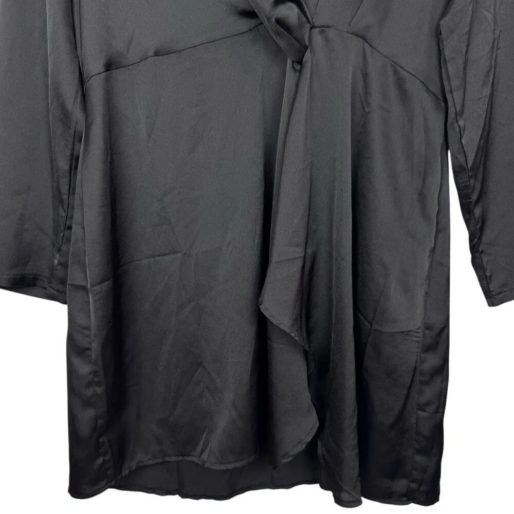 Pretty Little Thing Black Satin Long Sleeve Wrap Babydoll Dress Size XL V-Neck - Image 7