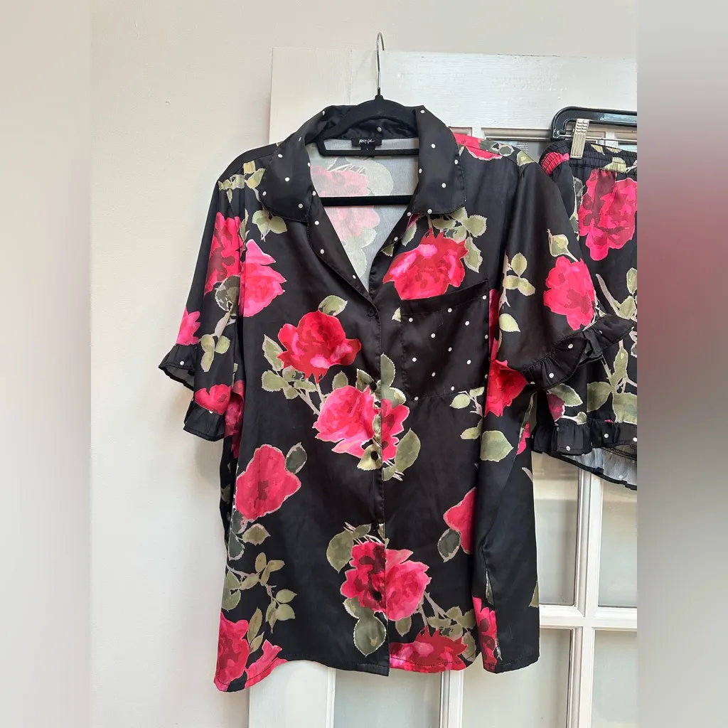 Nasty Gal Rose Floral Black Pink Ruffle Polka Dot Pinup Pajama Set Size Large L - Image 3