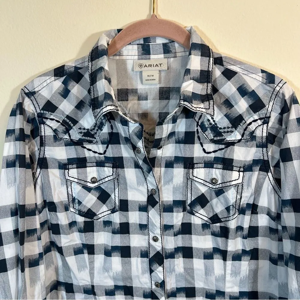 ✨ Ariat Women’s White Blue Plaid Snap Long Sleeve Shirt Medium - Image 2