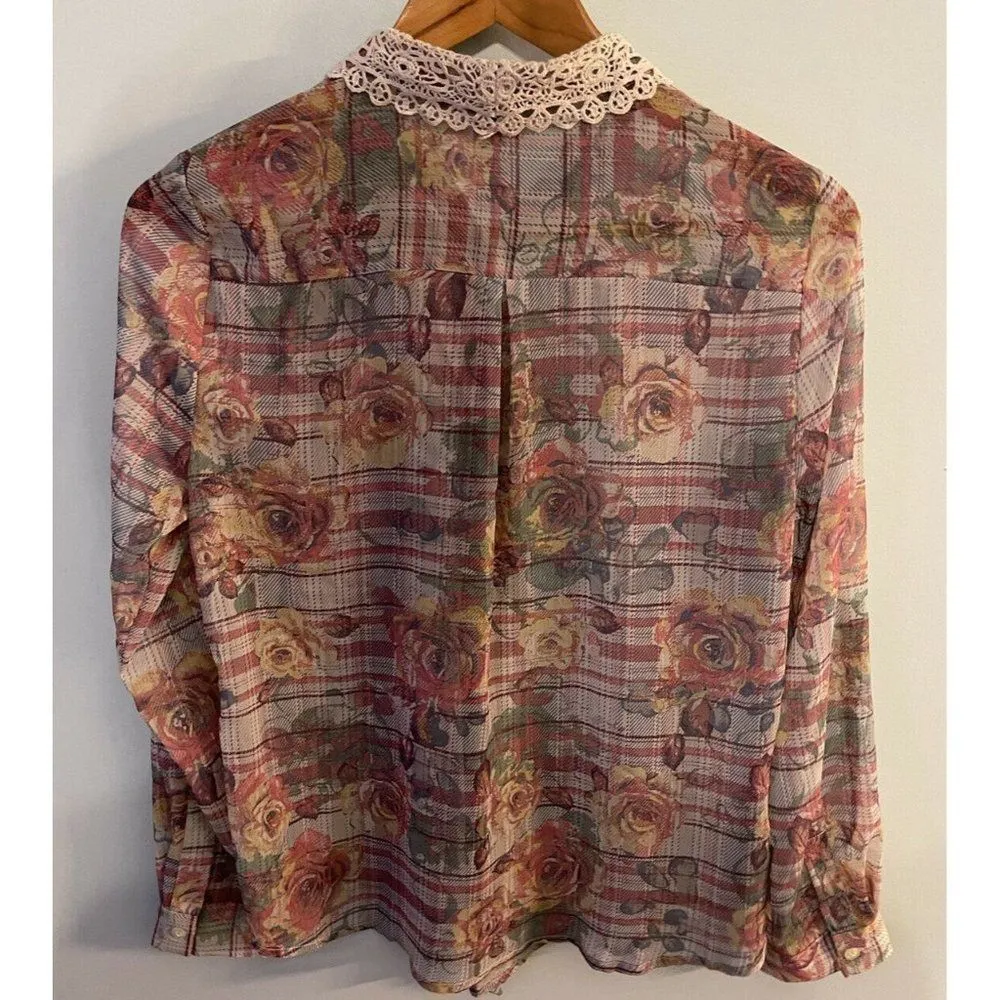 American Rag Cie Womens Top Size Small Collar Lace Floral Tab Sleeve Waist Tie - Image 3